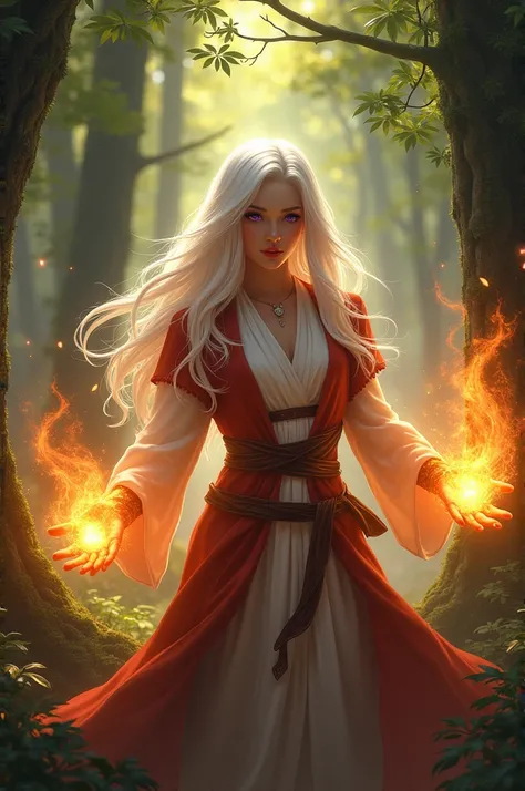 Mage girl with white flowing hair and purple eyes using a fire spell in a forest with tall trees