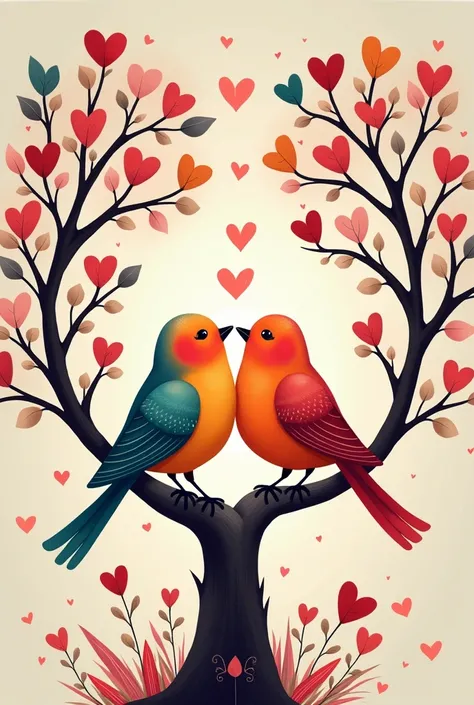 This enchanting design showcases two love birds perched in a whimsical tree adorned with heart-shaped leaves. The vibrant and playful illustration is perfect for Valentines Day cards, decor, and apparel, celebrating love and togetherness.