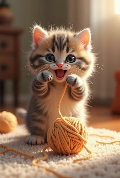 A cute playful kitten playing with a ball of yarn 