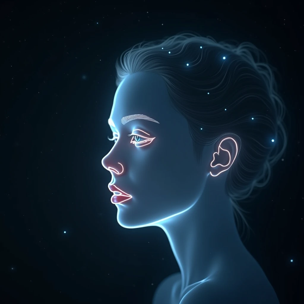 Become an illustrator , create a holographic image in the form of a glowing outline of a womans face in a state of thought ,  against the background of outer space 