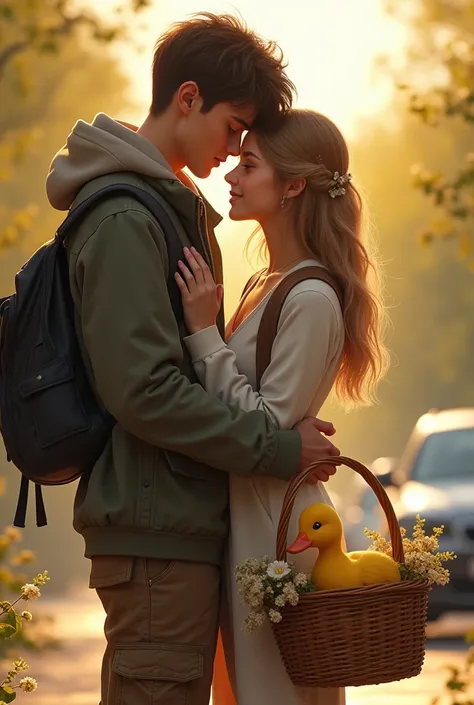 A beautiful girl with her boyfriend outside the car and boy wear layers and Cargo pants they are hugging with each other and she has a basket in the basket there is a duck baby and boyfriend hold bunch of flowers 