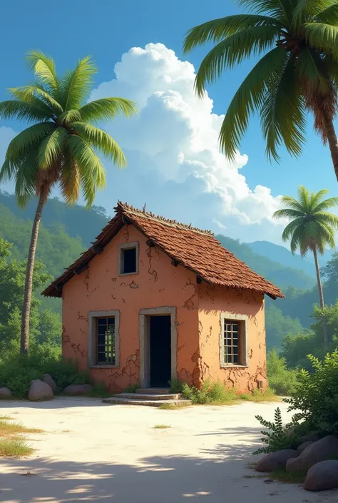  Clay house with cracked walls falling a piece of plaster with an apparent roof and only a window next to it,  White sand floor , some mango trees and coconut trees next to the house ,    a landscape of Northeastern Brazil  