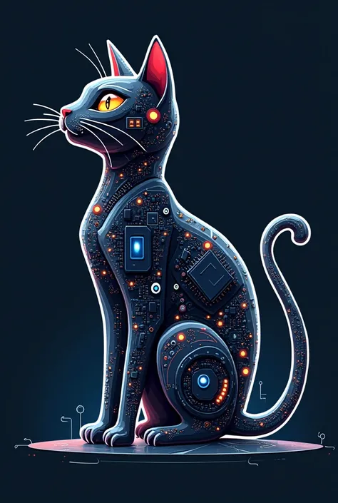 Logo for electronic business called the digital cat, a stylized cat with technological elements such as circuits and pixels to give it a technological and digital touch in an illustration style that is super cool and to everyones liking. 