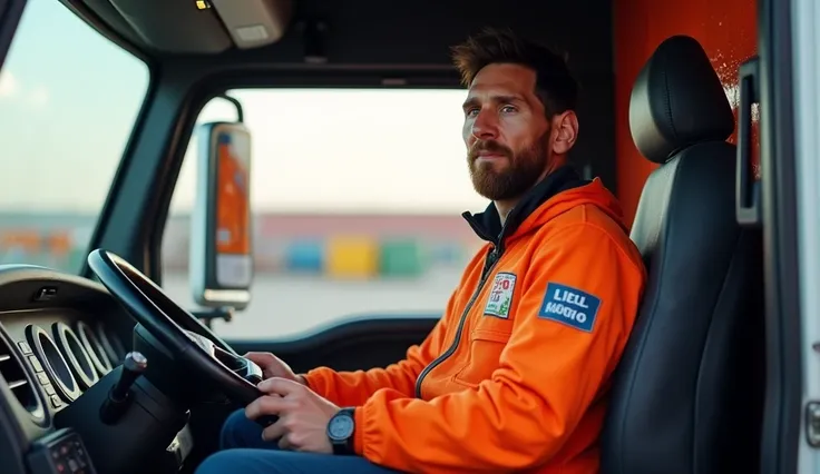 "Lionel Messi, dressed as a truck driver in a transport company uniform, sitting in the drivers seat of a large soda delivery truck, ready to drive. The truck is detailed with bright soda company branding, and the environment is a realistic logistics cente...