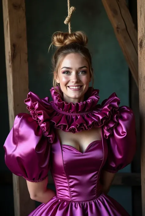 (realistic photograph close up sideways), (a pleased beautiful Caucasian lady with (messy hair bun), she is wearing (an elaborate metallic fuchsia silk gown with (long gigantic pouf sleeves), (and with an ultra high tight stand-up collar up to her cheeks) ...