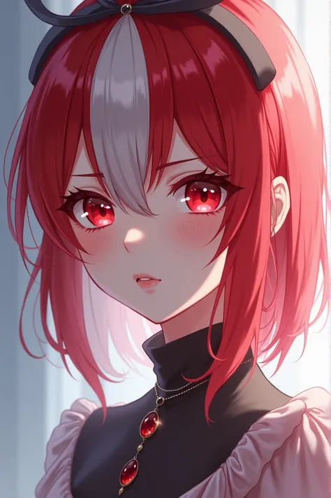  anime girl,  age fifteen,  hair half scarlet, half white, dark ruby eyes 