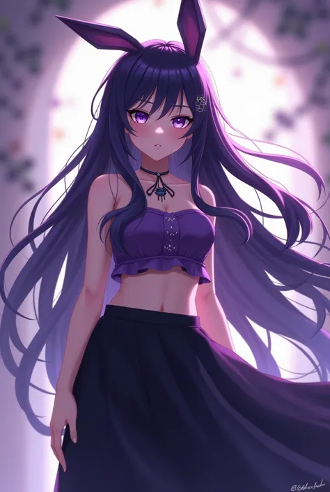 anime woman with long dark purple hair, bunny ears, 
purple eyes, purple crop
 top and black long skirt