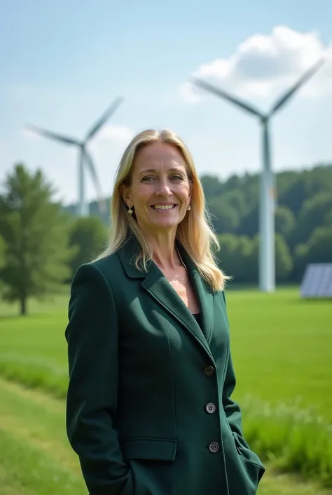 Female Minister for Climate Protection of Austria.  The minister stands in a green , lush landscape ,  surrounded by trees and a blue sky with light clouds .  Renewable energy sources such as wind turbines and solar panels can be seen in the background.