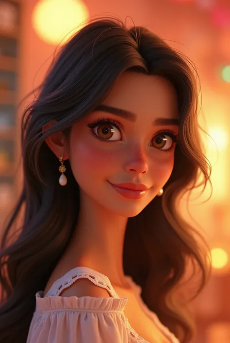  I want you to create a character to be part of my brand:  oval face,  Dark Brown Hair, light brown eyes, some freckles, tall and thin, brown skin tone and smooth hair .
 I want the girl in the animation style .


Most beautiful  