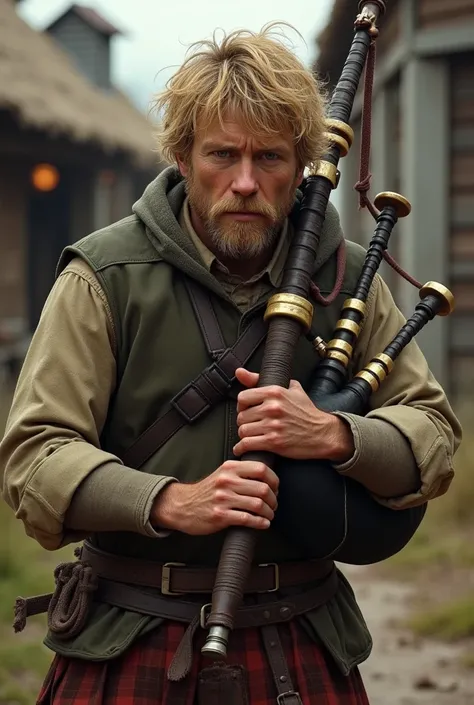 Young Male Human barb, dirty blond scruffy facial hair carrying a bag pipe