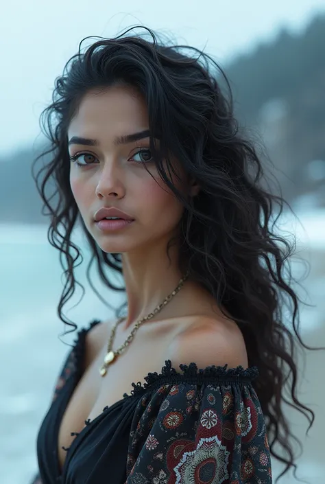 Young Indian woman, sexy  wearing a cyberpunk style  tech wear clothing   sea beach, detailed body, detailed face, ultra realistic, charming, cute, big hazel eyes, long curly hair, perfect fingers, ambient lighting, winter, detailed background, 8k