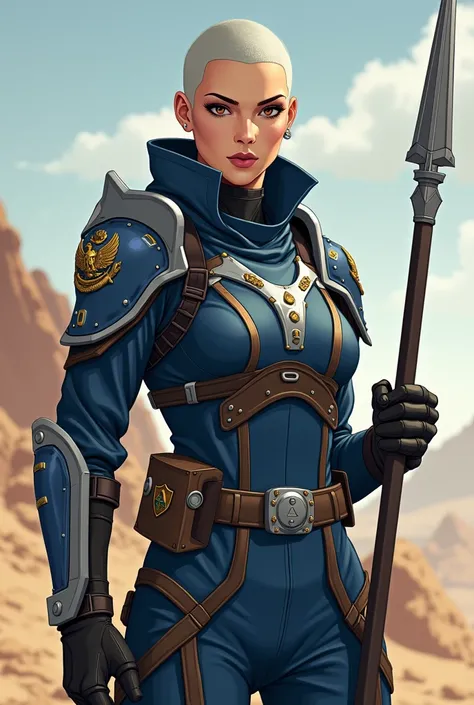 Design a fierce and strategic 45-year-old female leader. It should be seen in full body. She is Commander "Kaiya". A leader who combines tactical intelligence with empathy. He has a buzz cut military hair style, silver in color with visible scars and a det...