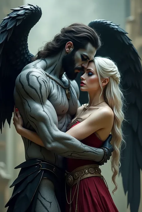 Exu HORNLESS AND HUMAN-LOOKING TALL MAN, with black wings ,  silver armor,  black eyes, black lines,  hair on his shoulders and 25 years.  Angelic face and black and white skin,  similar to black panther with well-groomed beard and defined jaw kissing an a...