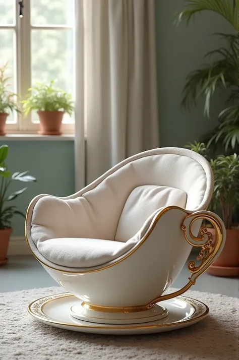 Design a chair shaped like a teacup. The seat is the inside of the cup, with a cushioned surface for comfort. The backrest follows the curve of the cups rim, providing support, while the handle of the cup extends outward as a decorative yet functional feat...