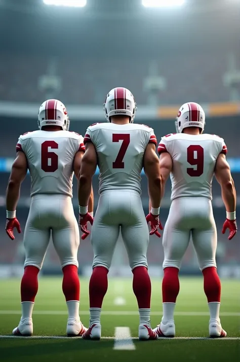 3 Football players backs wearing white shirts and shorts numbers 6 and 7 and 9