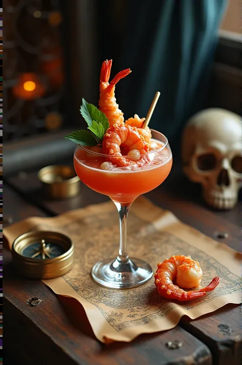  Shrimp and octopus cocktail in a glass old pirate wooden table, compass, skull, air, pirate map on the table hd , Ultra HD 4K,  realistic  