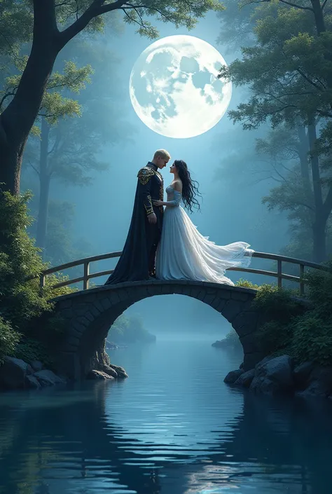 (( best quality )), ((  masterpiece )), (detailed),  Image of a bridge on a lake in the middle of a forest ,  with a moon princess and a sun prince .  the princess of the Moon has dark hair in the black case ,  dark eyes, a clear skin,  body with several s...