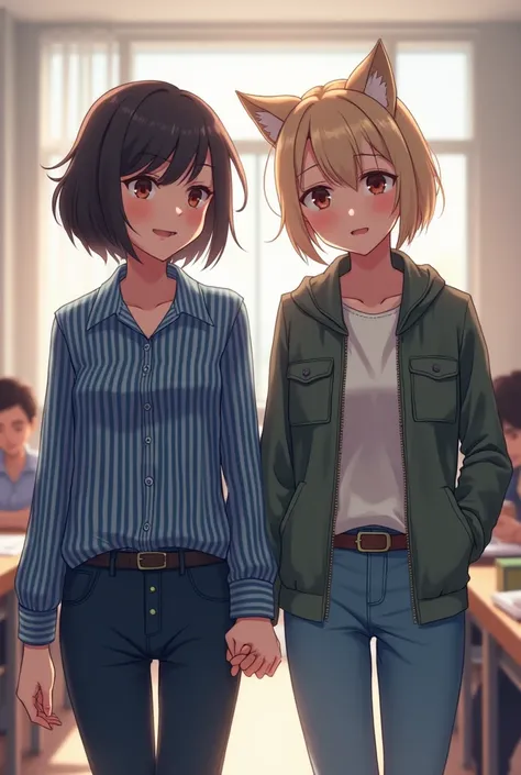 A girl wearing a denim
And tucked in blouse blue and white striped and short hair walking along with a girl looking like a tomboy and wolf cut hair in the setting of a tution class