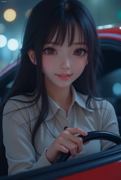 Ultra-realistic, 8k, highly detailed 、 Portrait of a Girl with a Sports Car,Night view field  、The most beautiful girl in Japan ,  big eyes、Big  and Kcup  、 A diligent smile、Portrait of a woman who looks just like Kirara Asuka ！   Long Hairstyles、smile、Gen...