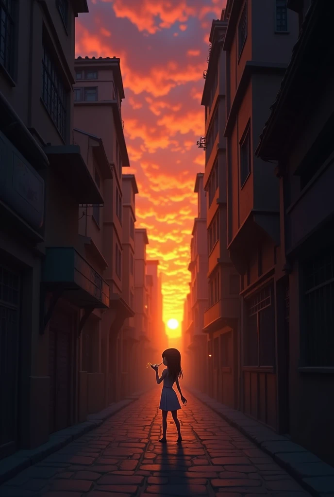  View of dark alley with sunset light .  Half-naked elf girl sucking penis seen from the side. Adult elf seen from the side without pants . 2d anime style