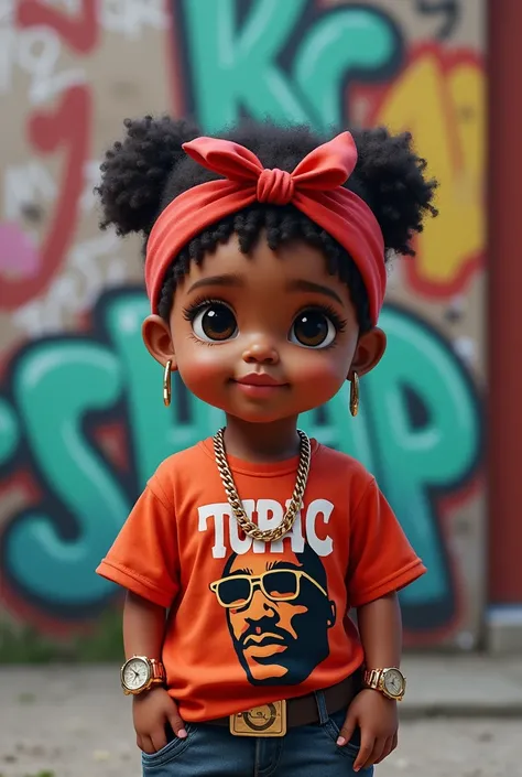  Generate a real 3D image of a beautiful little baby wearing hip hop clothes with gold chain and watch, bone, Tupac shirt in the city, wall, graffiti