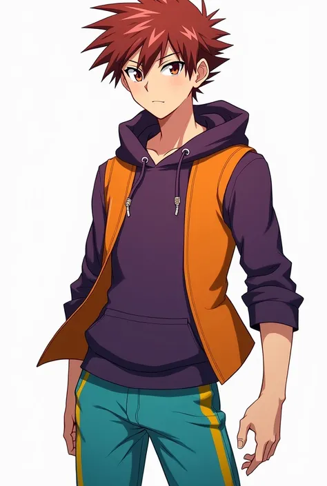 Anime boy with spiky messy auburn and maroon hair with a long sleeve purple shirt on and a sleeveless orange vest with a hood over it. Along with a pair of turquoise pants with yellow vertical lines on the side.