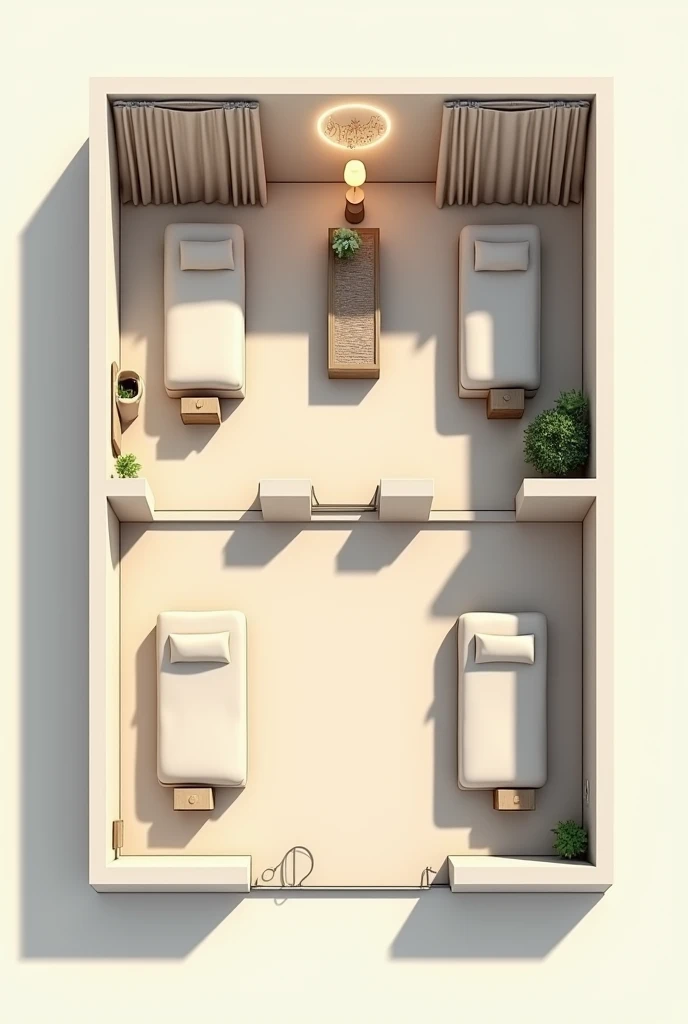 Floor plan of a massage parlor building, with 2 rooms, the first with 3 stretchers and between each stretcher some curtains