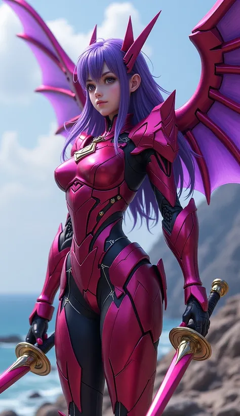 Robotic girl with ruby colored armor, Purple Wings, with purple hair, special details on the arms, two swords on the coast, golden rings scenario