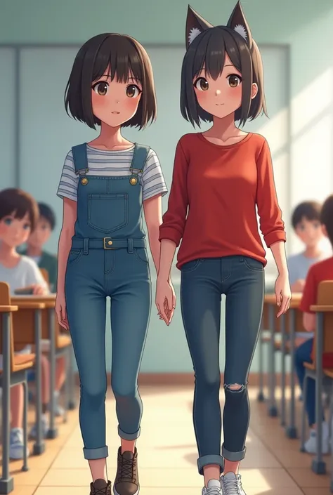 A girl wearing a denim
And tucked in blouse blue and white striped and short hair walking along with a girl looking like a tomboy wearing red shirt and wolfcut hair in the setting of a tution class