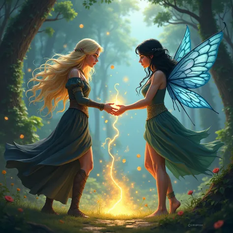 Blonde girl who plays witch doing a spell and girl with black hair who plays fairy