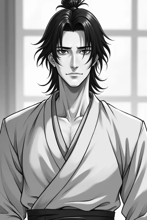  Aristocrat man , prince, 45 years old, warrior,  black and white pencil drawing like from a manhwa ,   the man is wearing a smelling shirt without a collar, shoulder length hair, wolf haircut ,  looks right at the camera , thin, narrow shoulders,   black ...