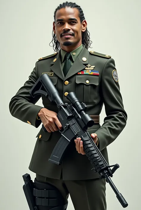 Ronaldinho dressed as a soldier with a gun in his hand