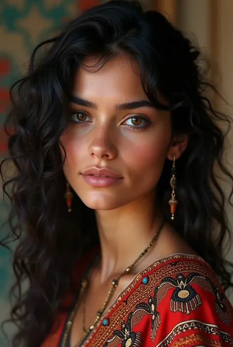 15-year-old woman with curly black hair of Kabyle origin with magnificent brown eyes in traditional dress 