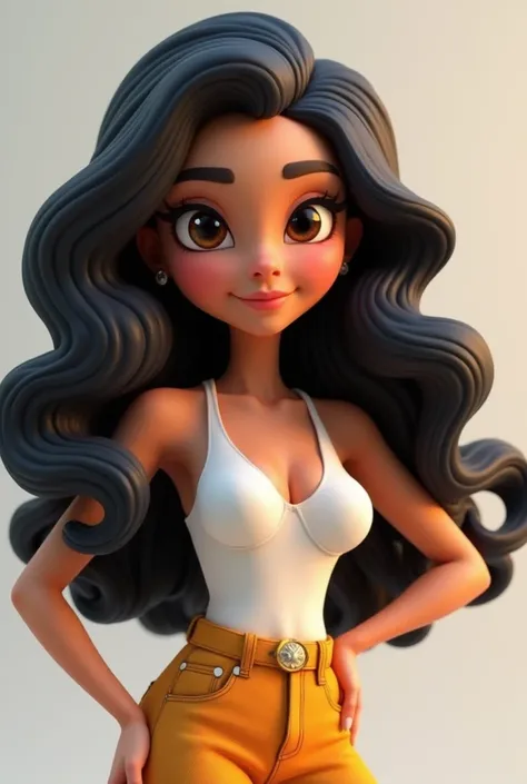 Create mascot in 3D white woman long curly black hair
,  brown eyes 