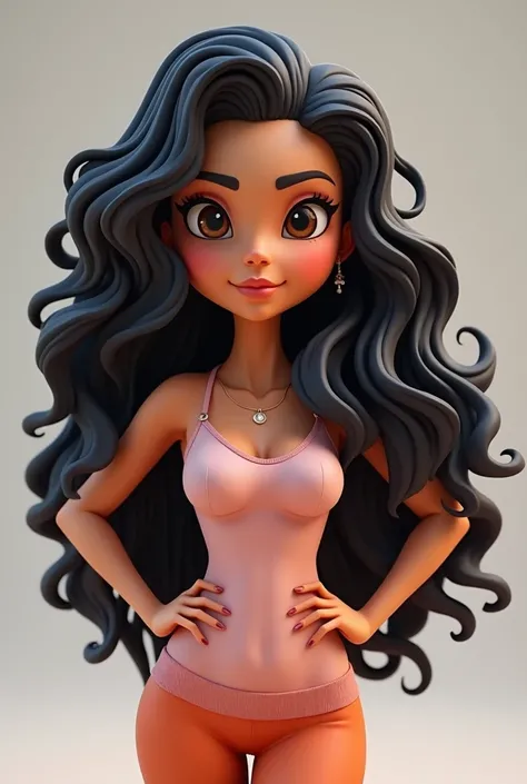 Create mascot in 3D white woman long curly black hair
,  brown eyes 