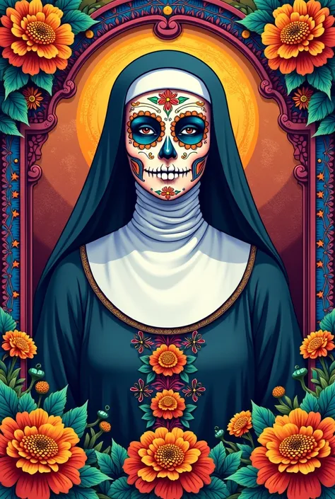 Coloring page of an mexican nun dia de los muertos