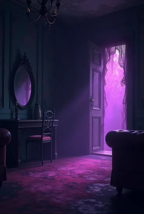 A room with a scary, dark and purple atmosphere