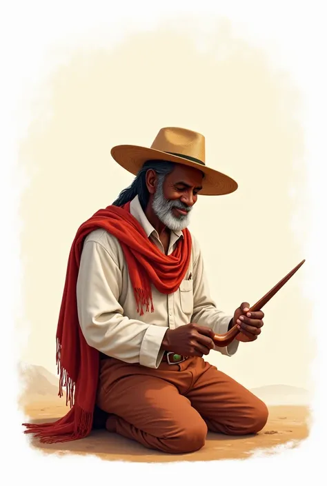  Create an image of a black man in pants and white shirt with a red scarf on his shoulders and an indigenous pipe in his hand. The man located in the front image, Kneeling on the floor and head down showing a smile on my face, dont show your eyes, with a s...