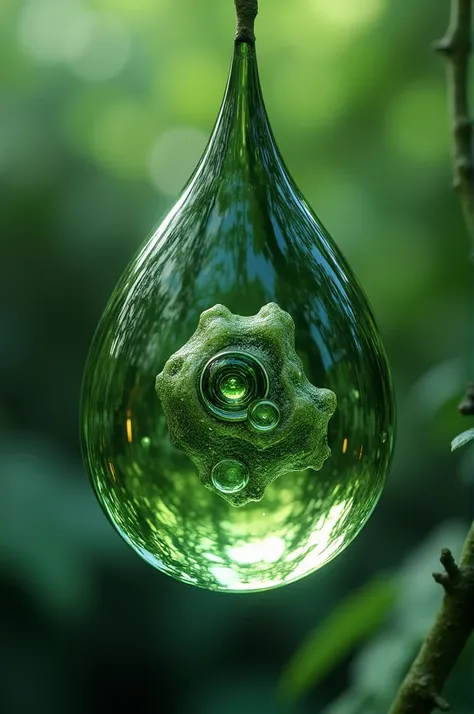 Close-up green water droplet with a bone with lenses 