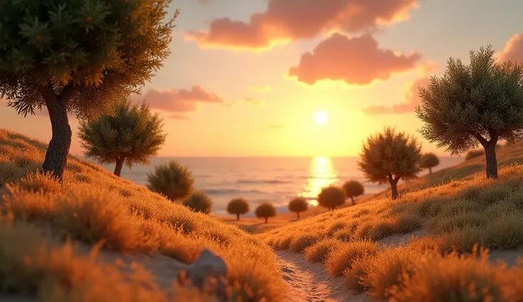  lush olive groves, with the golden glow of the evening sun in a gaza strip Palestine near the sea.  Lets  in a 3d disney animation style. 