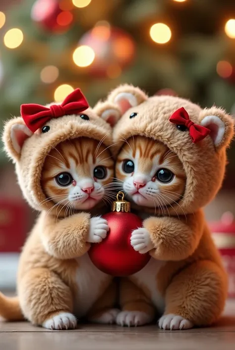 2 kittens cute　brown fluffy Polar bear costum, holding a Christmas ball in his paw, hug each other and a bow on his head, red button at the front Christmas background 　Real