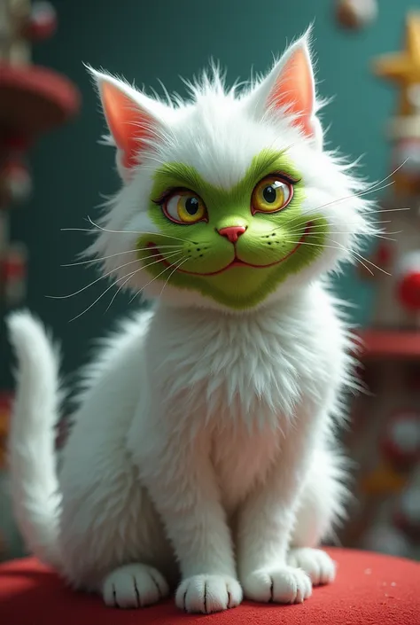 white cat with tatooed grinch face