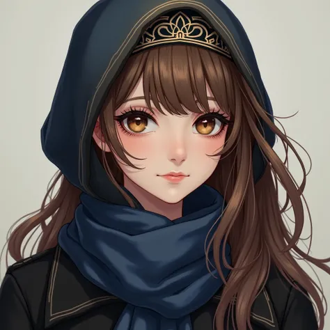 A girl with long brown hair is a cute girl with brown eyes and black eyelashes The girls head is covered with a headdress and a blue scarf around her neck The girl is wearing a black coat