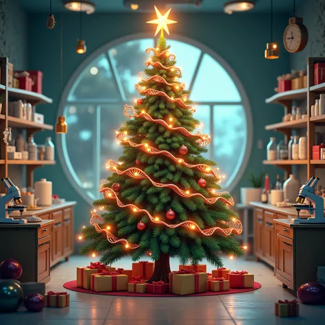 "  An illustration that mixes Christmas magic with genetic elements .   A Christmas tree decorated with DNA structures such as spirals instead of garlands,   with ornaments that look like molecules and chromosomes shining  .   The background shows a festiv...