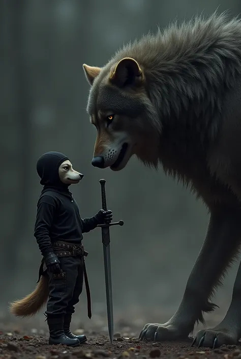 Wolf with human features, the wolf in a black sweater and black pants with black boots and a separate sword, wears a black balaclava to cover his face and is going to face a much larger and superior wolf, the wolf in the balaclavas is on his back ready to ...