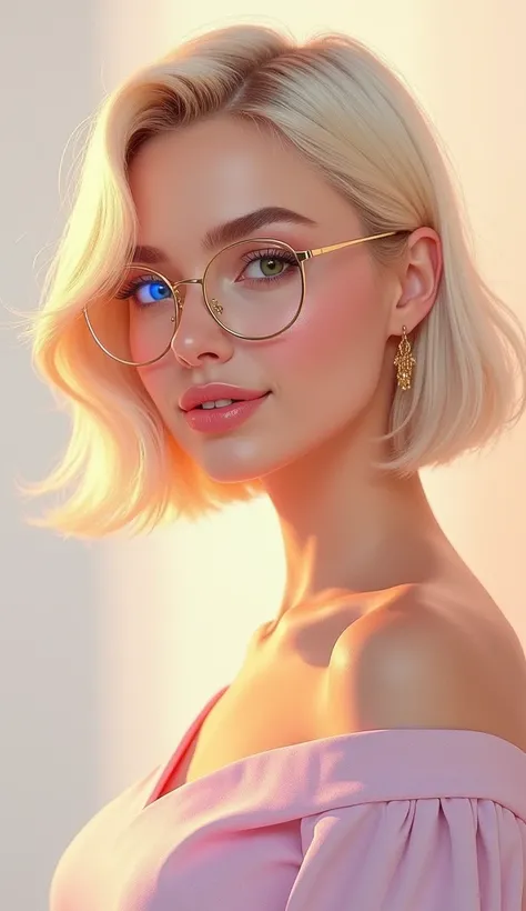 Create a captivating pastel-style portrait focusing on the bust of an elegant and graceful woman. Her short, sleek blonde hair is styled into a chic, slightly wavy bob that perfectly frames her delicate face, radiating modern sophistication. Her piercing g...