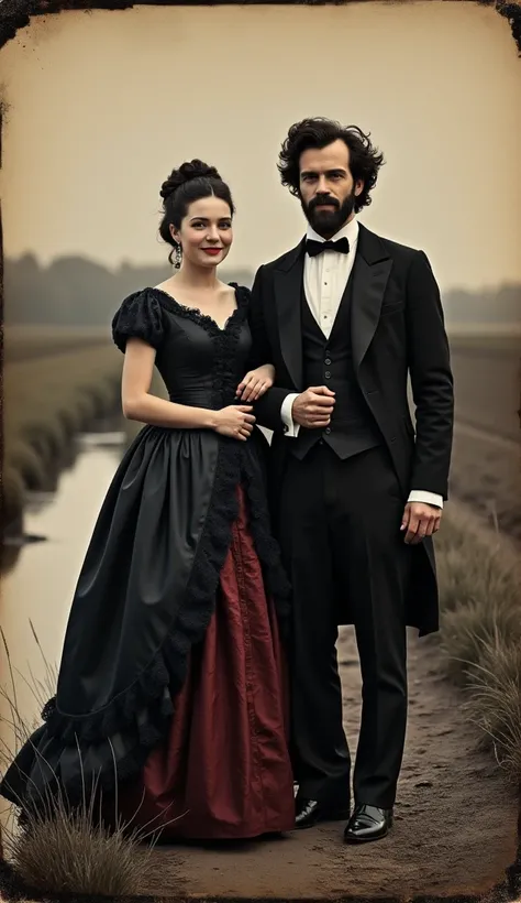 A daguerreotype camera photograph of a couple, a man and a woman arm in arm pose for a full-length portrait from head to toe. It is a couple from the 19th century, dressed in fine suits. She is dressed in a long black silk dress. and wine red and with fine...