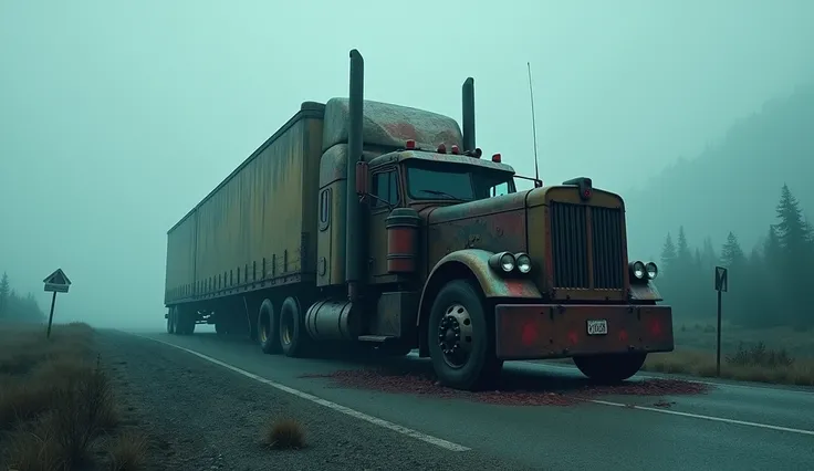 creepy trucker horror , wreckege , real truck. creepy horror, foggy, eerie. 16K resolution, ultra-HD, extremely detailed, hyperrealistic, photorealistic, intricate textures, sharp focus, vibrant and dynamic colors, volumetric lighting, cinematic compositio...