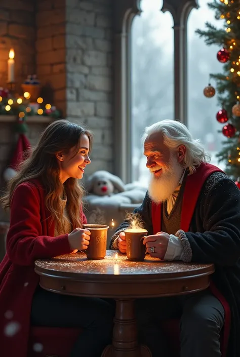 Hazel eyed and dark blond haired gryffindor witch is drinking hot chocolate with Albus Dumbledore at his  room at Hogwarts. They are having fun and laughing. Its christmas time and havily snowing outside of the windows.