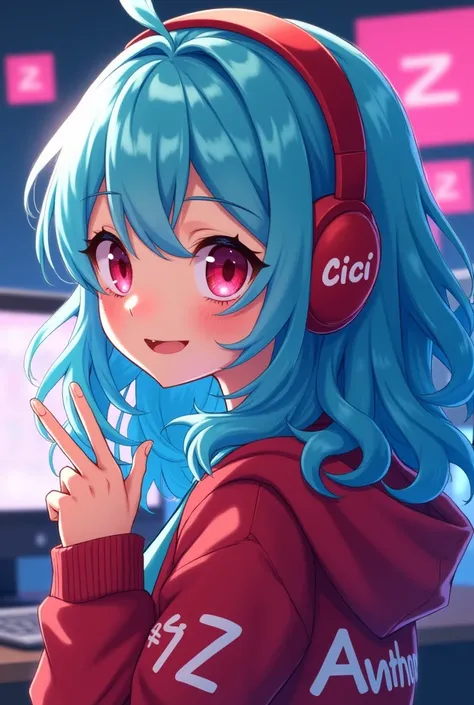  Girl with long hair with curly tips in sky blue ,with crimson eyes , and some red headphones with the name Cici written on them , with a blue shirt and on top of a red jacket with the name Anthony I write on top of her ,  looking back with a smile ,And tw...